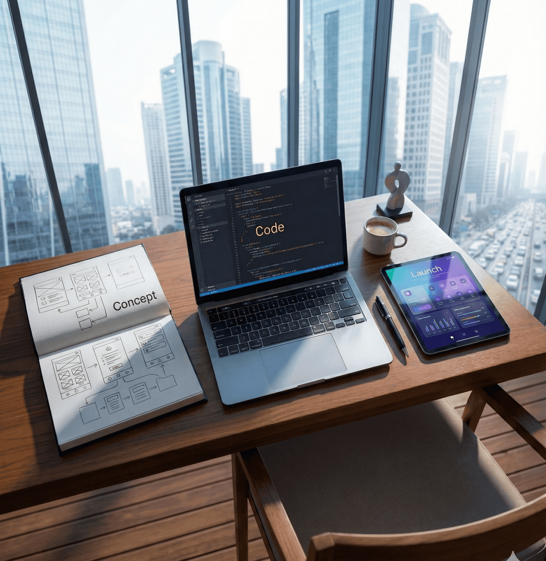 A team is discussing next steps on the whiteboard and others sitting on the couch with laptops